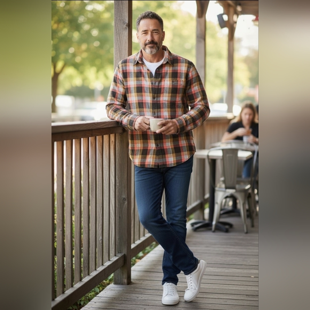 St Johns Bay, Flannel Olive and Orange Fall Autumn Plaid Button Up, Sz XXL